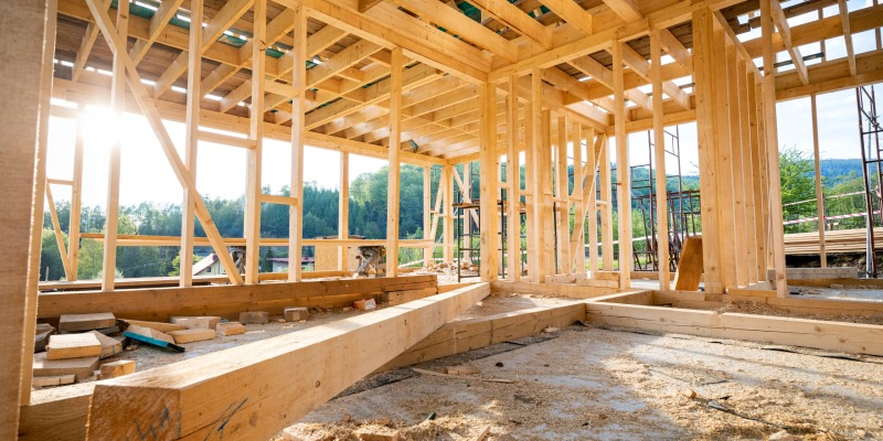 Interior frame of new wooden house under construction